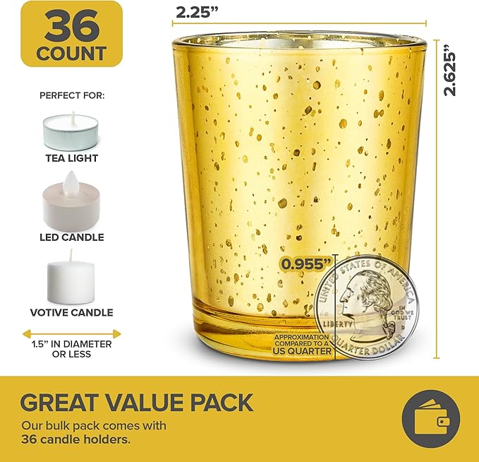 Stock Your Home Gold Votive Candle Holders Bulk Pack (36 Count), Tea Lights Candle Holder for Table Centerpiece, Christmas, Valentine, and Wedding Votive Candle Holders, Glass Votives Set