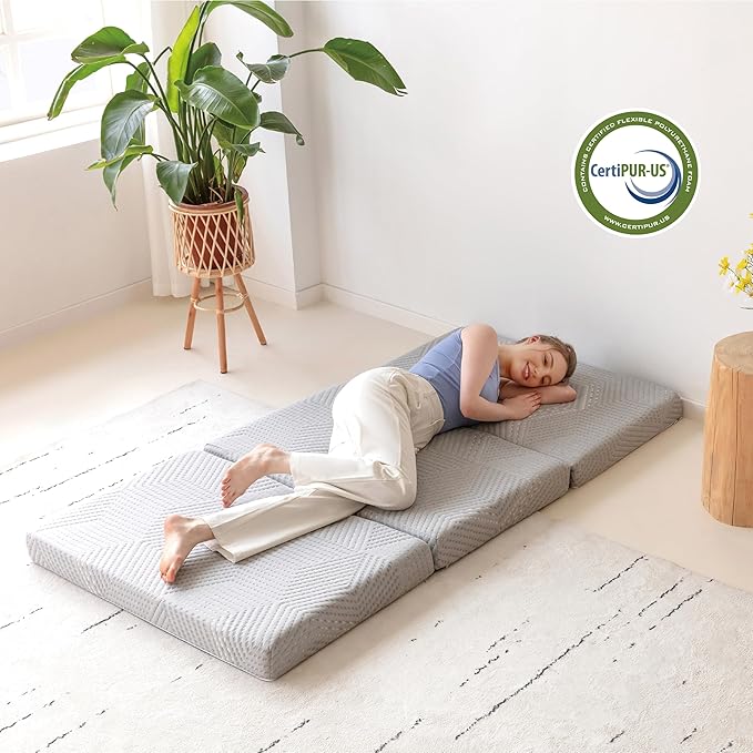 MLILY Tri-Fold Memory Foam Mattress, 4 inch King Folding Mattress with Collapsible and Washable Cover, Travel and Guest Mat, 80"×76"×4", Grey