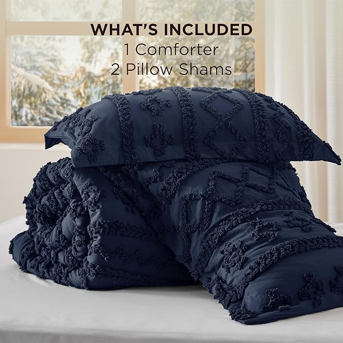 Bedsure Tufted Boho Comforter Set King Size - Navy Boho Bed Set, GentleSoft™ 3 Pieces Farmhouse Shabby Chic Embroidery Bedding, Gifts for Woman, Soft Jacquard King Comforter for All Seasons