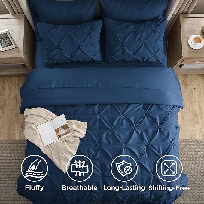 Bedsure Full Size Comforter Sets - Bedding Sets Full 7 Pieces, Pintuck Bed in a Bag Navy Blue Bed Set with Comforter, Sheets, Pillowcases & Shams