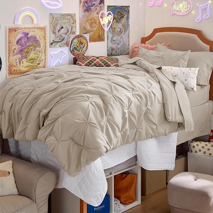 Bedsure Twin Comforter Set Beige - Bed in a Bag Twin Size Bedding 5 Pieces, GentleSoft™ Pintuck Bed Set Gift for Family, Pinch Pleat Beige Comforter with Sheets, Pillowcase & Sham