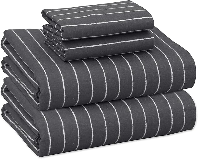 RUVANTI Flannel Sheets Queen Size - 100% Cotton Double Brushed Bed Sheets, Deep Pockets 16 Inches Queen Sheet Set, All Seasons Breathable & Extra Soft - Warm & Cozy, 4 Piece, Pinn Stripe