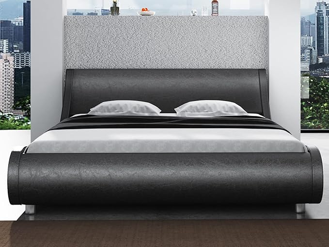 SHA CERLIN Modern Low Profile Platform Bed Frame King Size, Stylish Faux Leather Upholstered Sleigh Bed with Ergonomics Headboard, No Box Spring Needed, Glossy Black