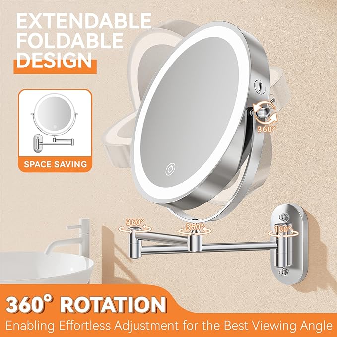 Auxmir Rechargeable Wall Mounted Lighted Makeup Mirror, 8" Double Sided 1X/10X Magnifying Vanity Mirror, 3 Color Lights Touch Dimmable Bathroom Cosmetic with 360° Swivel 13 Inch Extendable Arm, Chrome