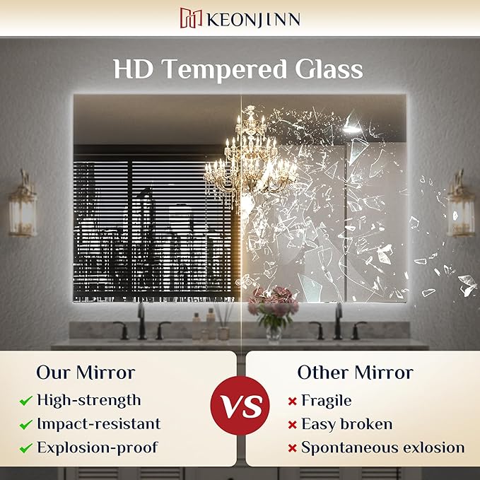 Keonjinn 24 x 36 Inch Backlit Mirror for Bathroom, Anti-Fog Led Mirror, CRI90+ HD Tempered Glass, Stepless Dimmable Lighted Mirror, High Lumen, UL Listed, Waterproof, Horizontal/Vertical