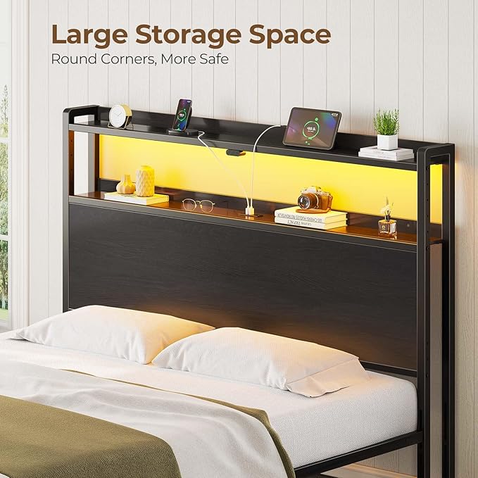 Rolanstar Headboard for Queen Size Bed with Storage, 60,000 DIY Color of LED Light, Head Board with USB & Type C Port, Height Adjustable, Black Cabeceras de Cama Comfortable Modern, Wood