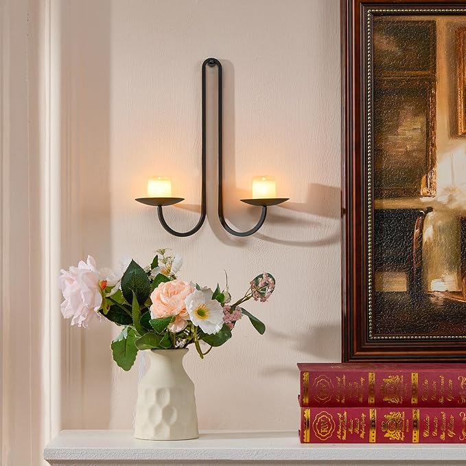 Wall Candle Holder Set of Two, Metal Black Candle Sconces Wall Decor, Hanging Candle Holder Fits Taper Candle/LED Tea Lights, Wedding Housewarming Gifts for Farmhouse Living Room Fireplace