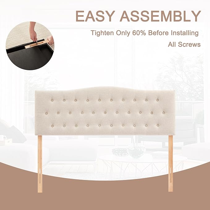 Tufted Upholstered Headboard California King, Sturdy and Durable Solid Wood Bed headboard, Fabric Headboard Adjustable Height from 37” to 51”, Button Diamond Design Head Board, Beige