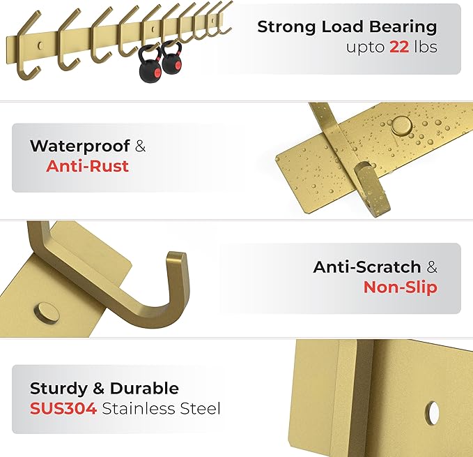 Brushed Gold Wall Mounted Coat Rack – 30 Inch Stainless Steel Rail with 10 Double Coat Hooks for Entryway, Bathroom, Bedroom, Kitchen – Modern Gold Hook Rack for Coats, Hats, Towels