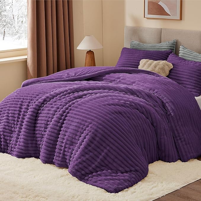 BEDELITE Fleece California King Comforter Set -Super Soft & Warm Fluffy Purple Bedding, Luxury Fuzzy Heavy Bed Set for Winter with 2 Pillow Cases