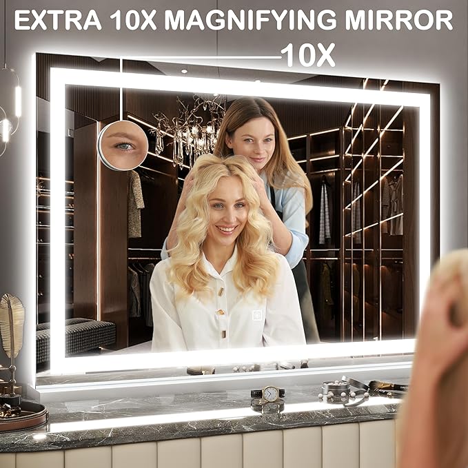 FENNIO Large Vanity Mirror with Lights，32" x 22"Lighted Makeup Mirror, Large Makeup Mirror with Lights, Touch Sensor with Dimmable 3 Modes， Vanity Mirror Square White
