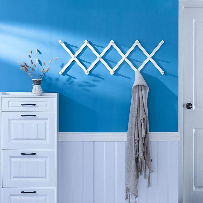 SKOLOO Hat Rack for Wall with 14 Hooks, Solid Wooden, Modern, Expandable Coat Rack Wall Mount for Coats, Hats, Bags, Baseball Caps, White