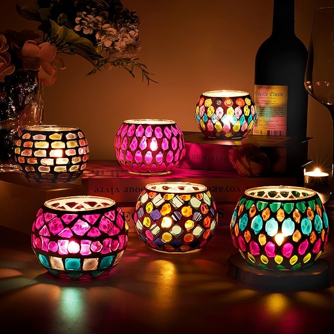 6pcs Votive Candle Holders, Mosaic Tealight Holder Stained Glass Tea Light, Colorful Handmade Candle Jars Aromatherapy Candle Lamp for Christmas, Wedding, Birthday Table Centerpiece Decor