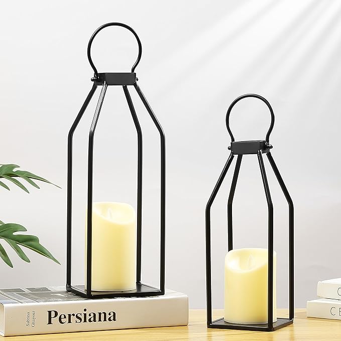 Perfnique Modern Farmhouse Lantern Decor, 15'' 13'' Set of 2 Black Metal Lantern, 2 LED 6hr Timer Flameless Candles ＆ Remote Timer, Lanterns Decorative for Outdoor, Home, Indoor, Patio, Christmas