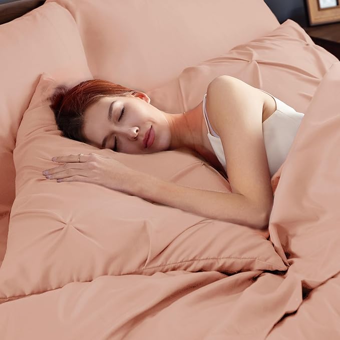 Bedsure Twin Comforter Set Dusty Pink - Bed in a Bag Twin Size Bedding 5 Pieces, GentleSoft™ Pintuck Bed Set Gift for Family, Pinch Pleat Dusty Pink Comforter with Sheets, Pillowcase & Sham