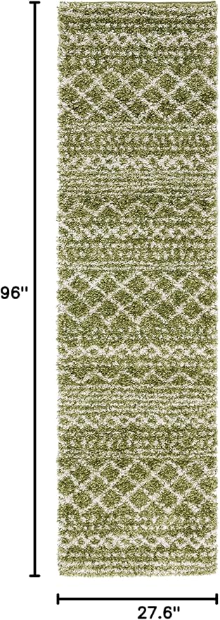 SAFAVIEH Arizona Shag Collection Runner Rug - 2'3" x 8', Green & Ivory, Moroccan Design, Non-Shedding & Easy Care, 1.6-inch Thick Ideal for High Traffic Areas in Living Room, Bedroom (ASG741X)