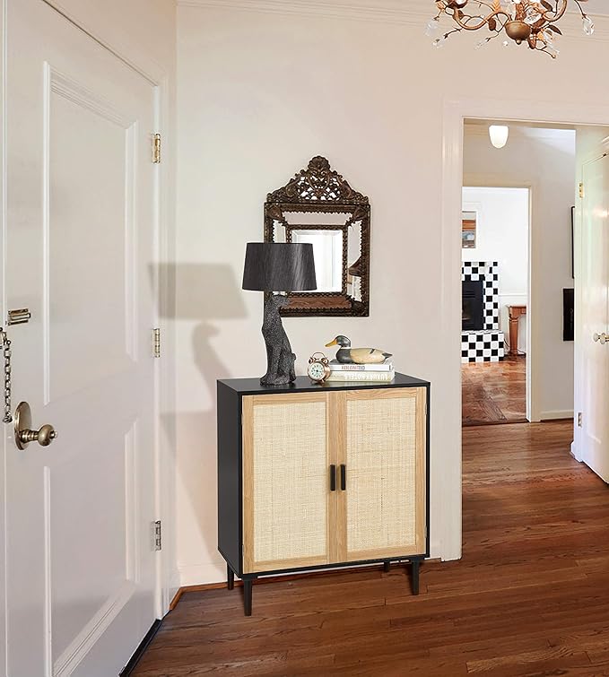 Finnhomy Sideboard Buffet Cabinet, Kitchen Storage Sideboard with Rattan Decorated Doors, Liquor Buffet for Bar, Dining Room, Hallway, Cupboard Console Table, Accent Cabinet, 31.5X 15.8X 34.6 Inches