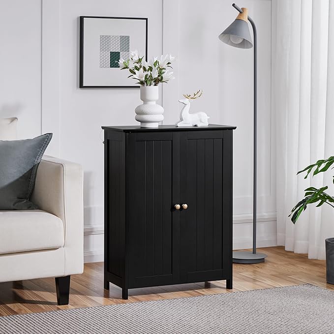 Yaheetech Bathroom Floor Cabinet, Modern Storage Freestanding Organizer Cabinet with Adjustable Shelves & Double Doors, 3-Tier Home Living Room Furniture, Black