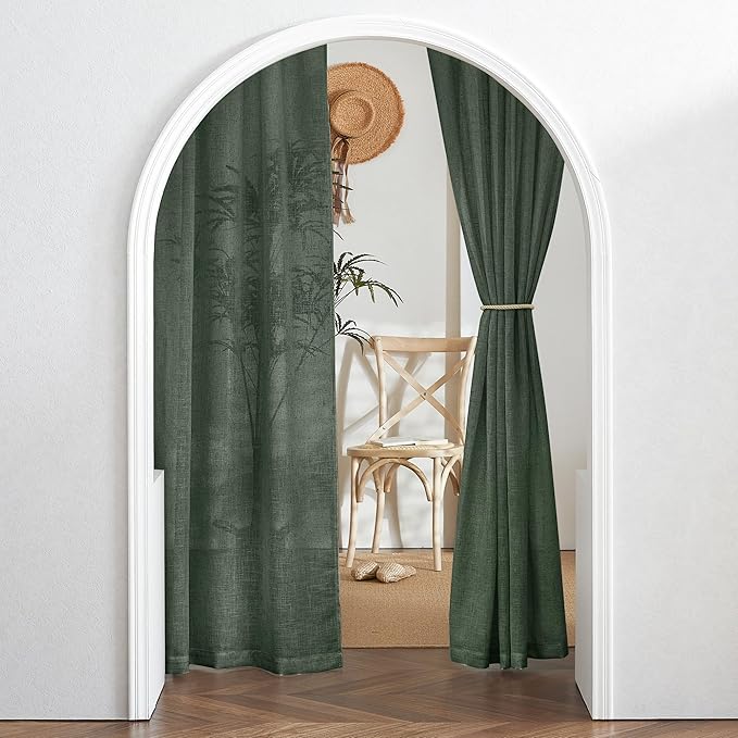 RYB HOME Linen Blended Curtains - Back Tab Vintage Thick Linen Burlap Light Filtering Decorative Sheer for Bedroom Living Room Home Office, W 52" x L 95", 2 Pcs, Hunter Green