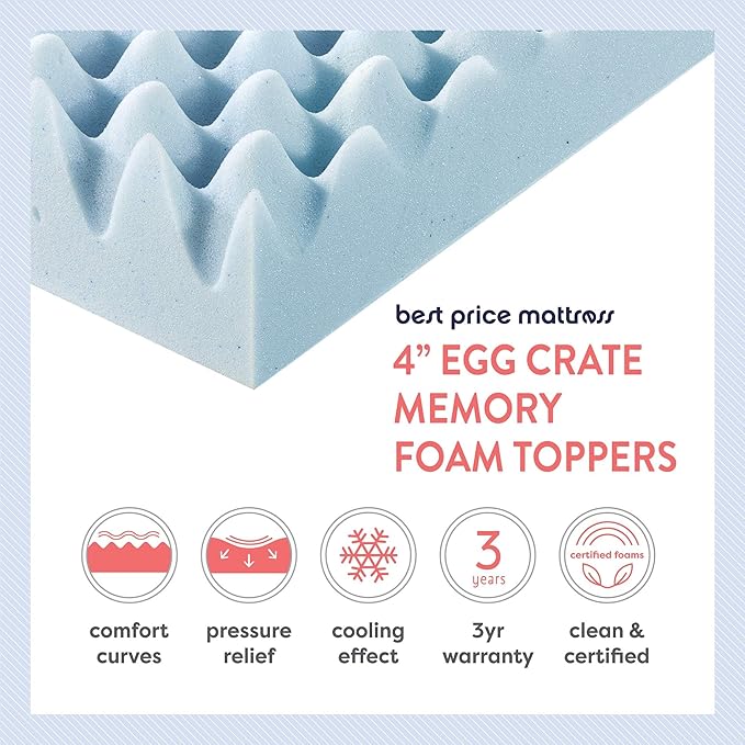 Best Price Mattress 4 Inch Egg Crate Memory Foam Mattress Topper with Cooling Gel Infusion, CertiPUR-US Certified, Dorm Essentials, Queen, Light Blue