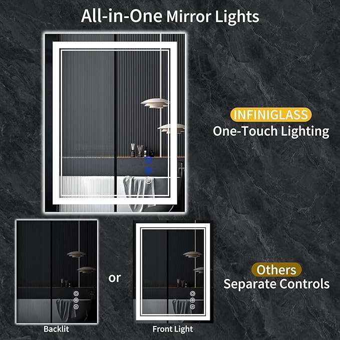 38"x30" LED Bathroom Mirror with Anti-Fog, Stepless Dimmable Lights, 3 Color Modes, Shatter-Proof Tempered Glass, Memory Function & Waterproof Design
