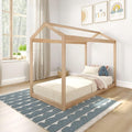 Max & Lily Twin Floor House Bed, Modern Solid Wood Low Bed Frame for Kids, Montessori Floor Bed for Bedroom, Playroom, Wooden Slats, Blonde