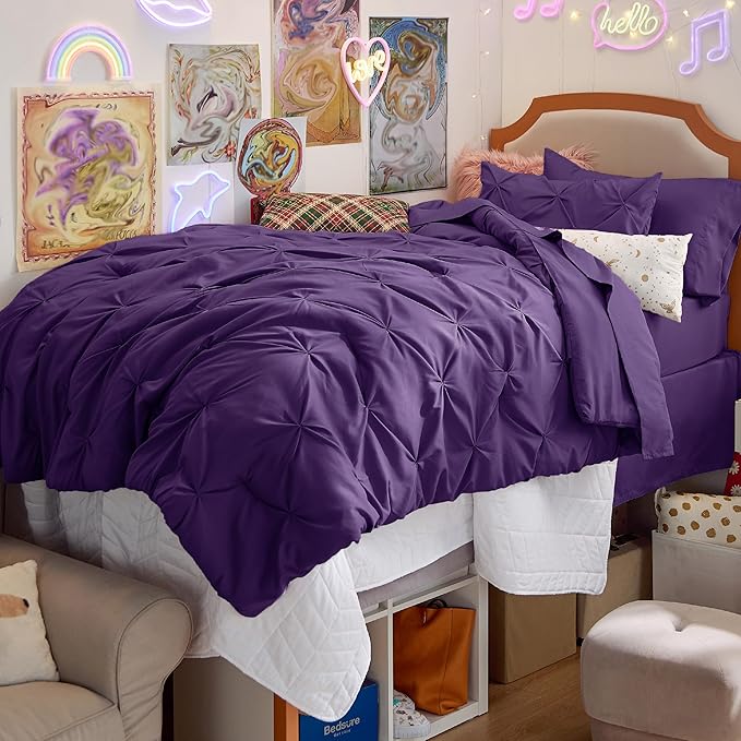 Bedsure Twin Comforter Set Purple - Bed in a Bag Twin Size Bedding 5 Pieces, GentleSoft™ Pintuck Bed Set Gift for Family, Pinch Pleat Purple Comforter with Sheets, Pillowcase & Sham