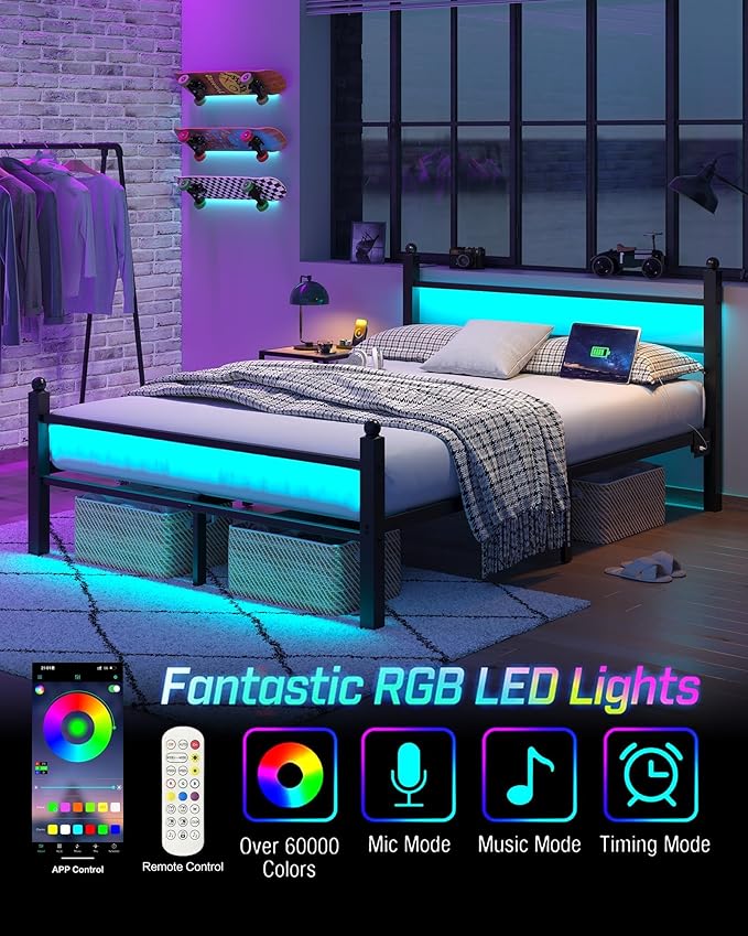 Queen Bed Frame with Headboard and Footboard, Metal Bed Frame with Charging Station and LED Lights, Under Bed Storage, No Box Spring Needed,Noise Free, Black
