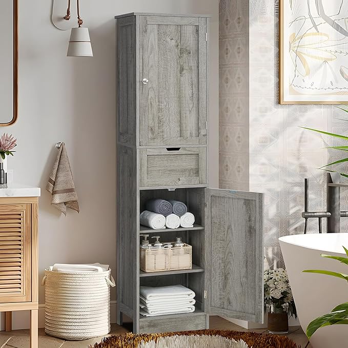 Iwell 67" Tall Bathroom Cabinet with Adjustable Shelves & 1 Drawer, Storage Cabinet with 2 Doors, Narrow Tall Cabinet, Floor Cabinet for Bathroom, Living Room, Home Office, Grey