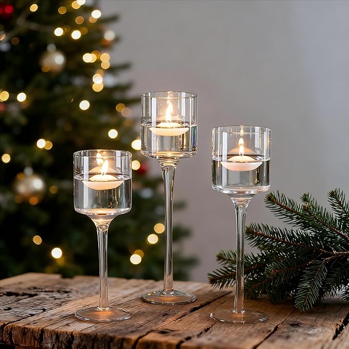 NUPTIO Tealight Candle Holders Glass: Set of 3 Long Stemmed Candle Stands for Dinner Table Centerpiece - Monet Candleholders Pillar Floating Candles