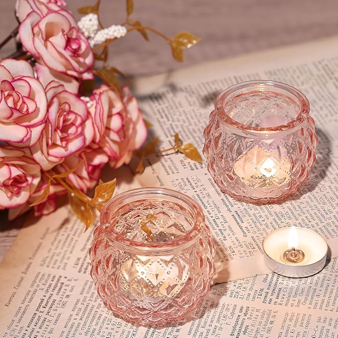 DARJEN Pink Votive Candle Holders Set of 24- Round Glass Candle Holders Bulk for Flameless LED Tea Waxes, Romantic Candle Holder for Wedding & Home Table Decor, Various Parties