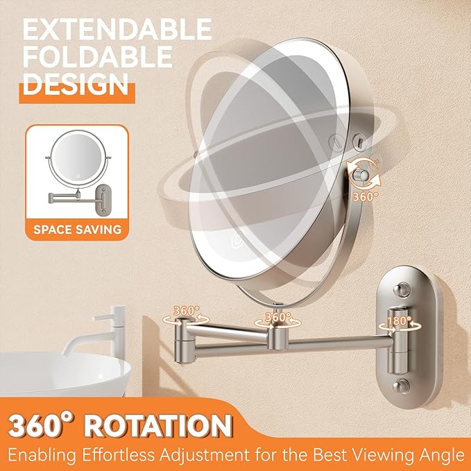Auxmir 1X/30X Wall Mounted Lighted Makeup Mirror, 8" 3200 mAh Rechargeable Double-Sided Magnifying Mirror, Touch Dimmable 3 Color Lights, 360° Rotating Foldable 14.5" Extension Arm, Brushed Nickel