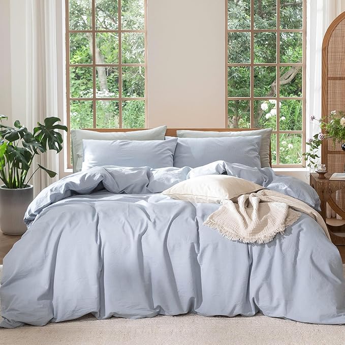 MooMee Bedding Duvet Cover Set 100% Washed Cotton Linen Like Textured Breathable Durable Soft Comfy (Heathered Cornflower Blue, King 104"x90")