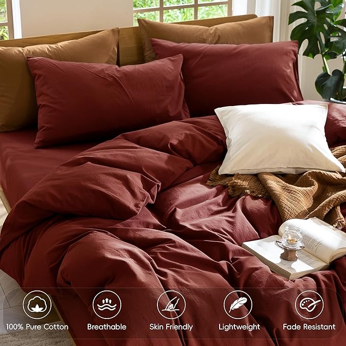 MooMee Bedding Duvet Cover Set 100% Washed Cotton Linen Like Textured Breathable Durable Soft Comfy (Solid Fired Brick Red, Queen 90"x90")