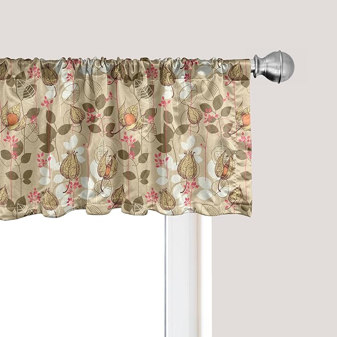 Ambesonne Autumn Window Valance, Seasonal Fruits and Leafs Vintage Botanical Print Soft Brown Toned Backdrop, Curtain Valance for Kitchen Bedroom Decor with Rod Pocket, 54" X 12", Sepia Multicolor