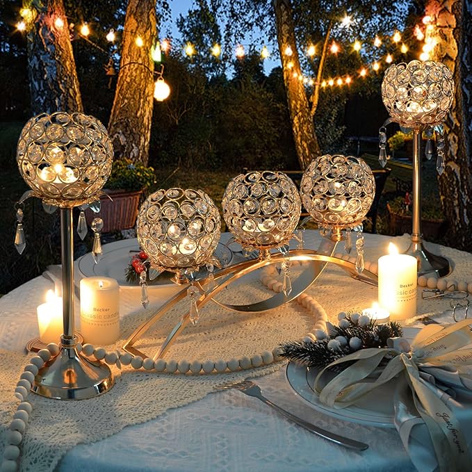 Set of 3 Gold Crystal Tea Light Candlestick Holders Flower Shape with Crystal Pendant Bowl Votive Metal Candle Holder for Table Centerpieces Wedding Home Decor (Set of 3, Gold)