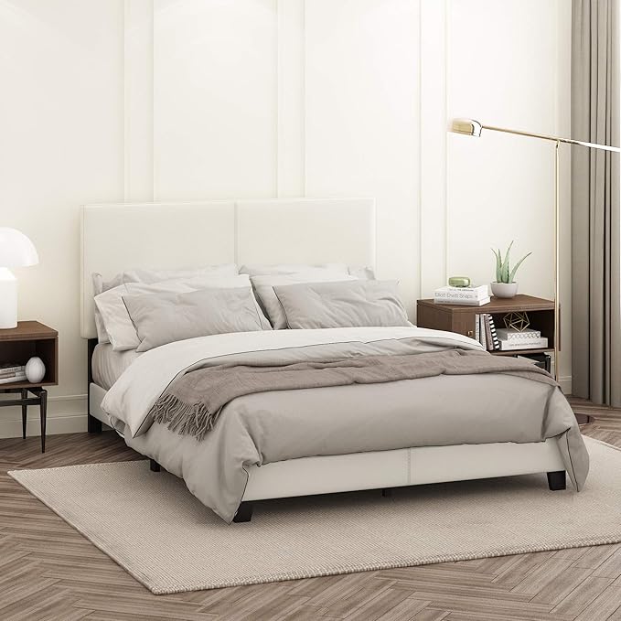 FURINNO Pessac PU Leather Upholstered Platform, Queen, White,FB19821QWH