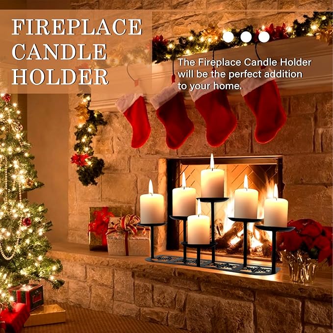 Fireplace Candelabra Candle Holder Matte Black Metal Candleholder with 6 Candle Stands Mantle Decor for Flameless or Wax Pillar Candle Floor Table Centrepiece Christmas Wedding Party Decoration