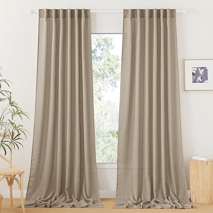 RYB HOME Long Linen Curtains 96 inches Long for Living Room, Light Airy Breathable Window Decor Linen Burlap 2 Panels Set for Laundry Room Home Office, W 70 x L 84 inches, Khaki, 2 Panels