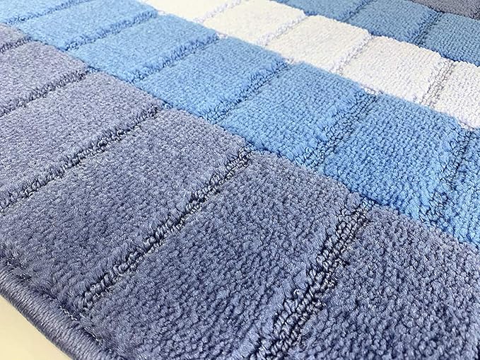 Custom Size Coastal Nautical Style Runner Rug Carpet for Hallway Entryway, Slip Resistant Latex Rubber Backed, 31 inch Wide X Customized Length, Squares Blue, 31 inch X 25 feet