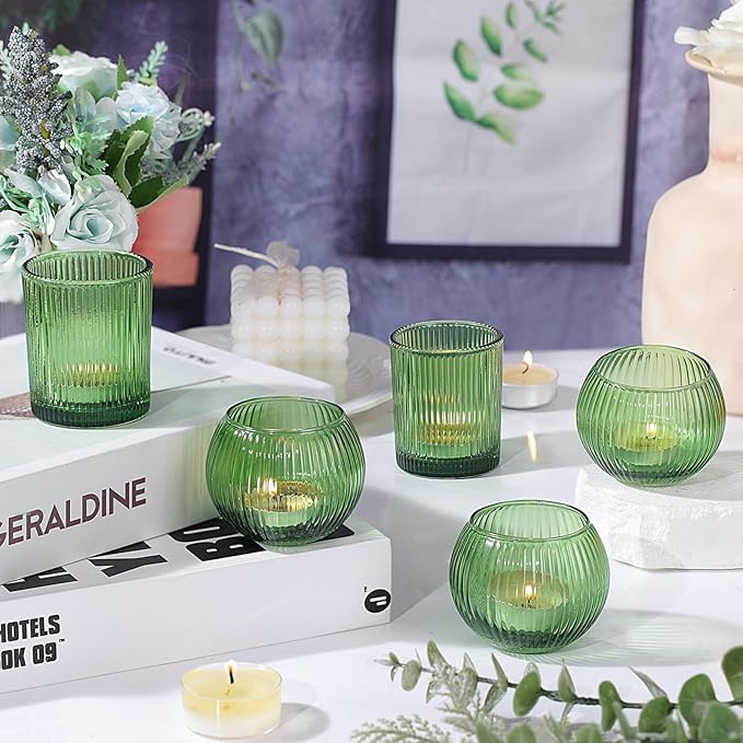 Green Votive Candle Holders Set of 10- Round Green Candle Holders Bulk, Glass Candle Holder for Wedding Home Decoration, Tea Lights Candle Holder for Bridal Shower, Party & Gift