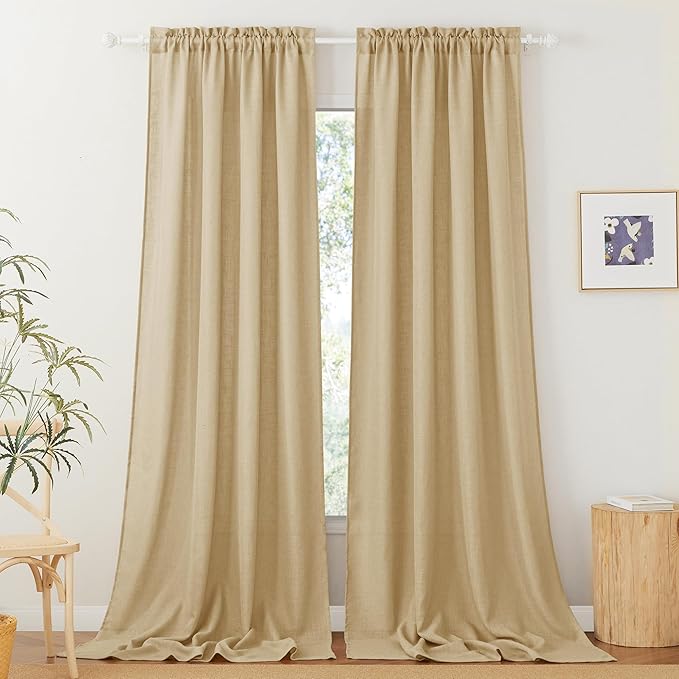 RYB HOME Sheer Curtains 108 inches Long, Linen Textured Wave Semi Sheer Privacy Curtains for Bedroom Living Room High Ceiling Window Decor, Sand, W 52 x L 108, 1 Pair