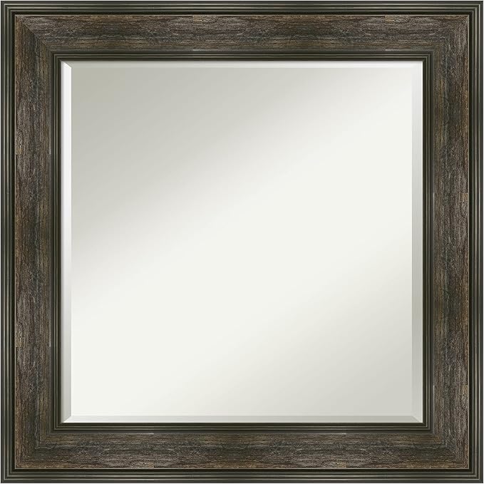 Amanti Art Brown Bathroom Mirror for Over Sink, 26x26 Rail Rustic Char Square Vanity Mirror, Medium Country Rustic Frame, Hangs Horizonally and Vertically, Bathroom Wall Decor, Beveled Edge