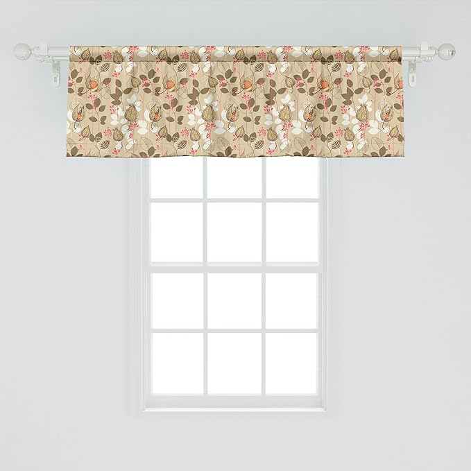 Ambesonne Autumn Window Valance Pack of 2, Seasonal Fruits and Leafs Vintage Botanical Print Soft Brown Toned Backdrop, Rod Pocket Curtain Valances for Kitchen Bedroom, 42" X 18", Sepia Multicolor