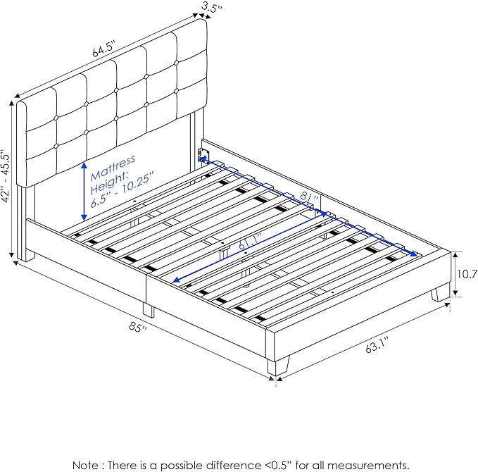 Furinno Laval Button Tufted Upholstered Platform Bed Frame, Queen, Linen