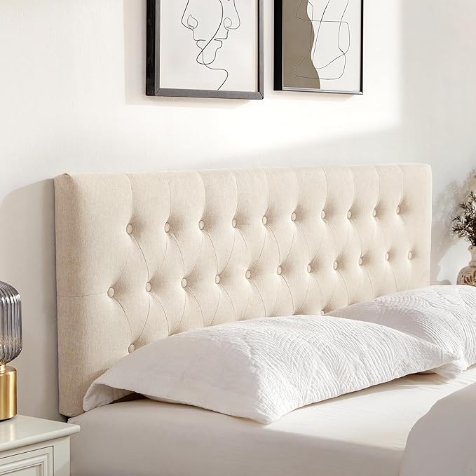 Tufted Upholstered Headboard Full Size, Solid Wood Head Board with Durable Metal Legs, Adjustable Height Full XL headboard from 37” to 51” Fabric Headboard in Modern Button Design, Beige