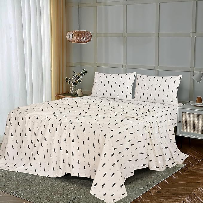 RUVANTI Flannel Sheets Split King Size - 100% Cotton Brushed Split King Bed Sheets Set, Deep Pockets 16 Inches, All Seasons Breathable & Extra Soft, Warm & Cozy, 5 Piece, Black Cat
