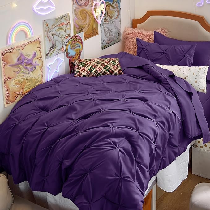 Bedsure Twin Comforter Set Purple - Bed in a Bag Twin Size Bedding 5 Pieces, GentleSoft™ Pintuck Bed Set Gift for Family, Pinch Pleat Purple Comforter with Sheets, Pillowcase & Sham