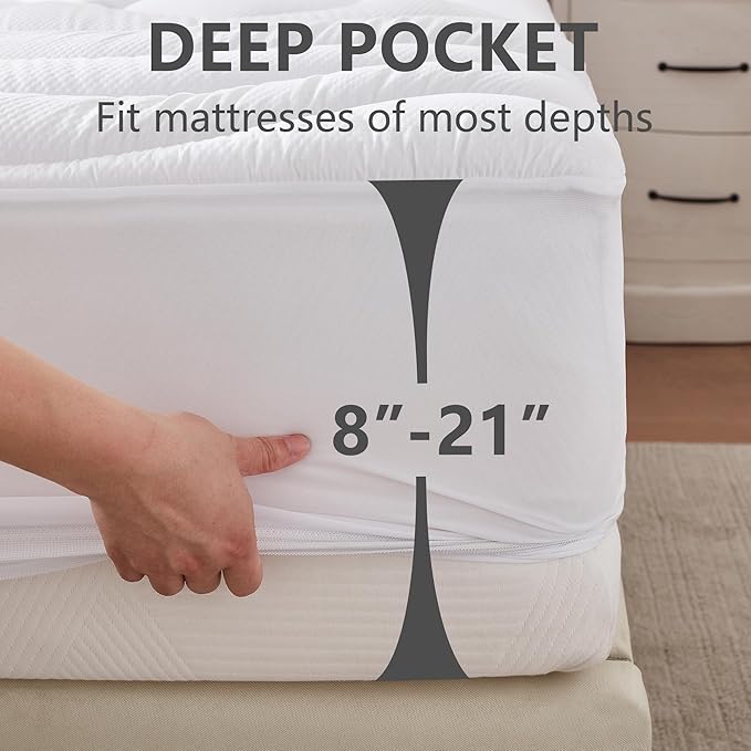 Queen Size Mattress Pad Waterproof, Pillow Top Cooling Mattress Topper Cover, Quilted Fitted Mattress Protector Washable, Deep Pocket 8-21" (60x80 inch, White)
