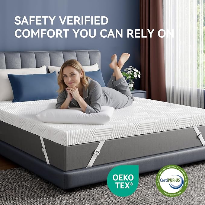 ELEMUSE 3 Inch Gel Memory Foam Mattress Topper Queen Size Pressure-Relieving Mattress Topper for Back Pain,Non-Slip Design with Removable & Washable Cover, CertiPUR-US